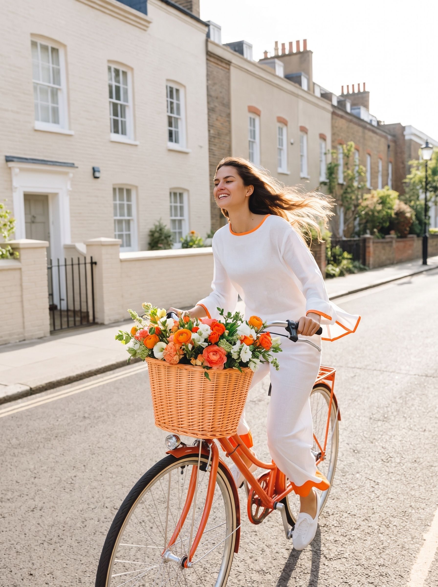A woman cycling down a sunlit street with flowers in her basket