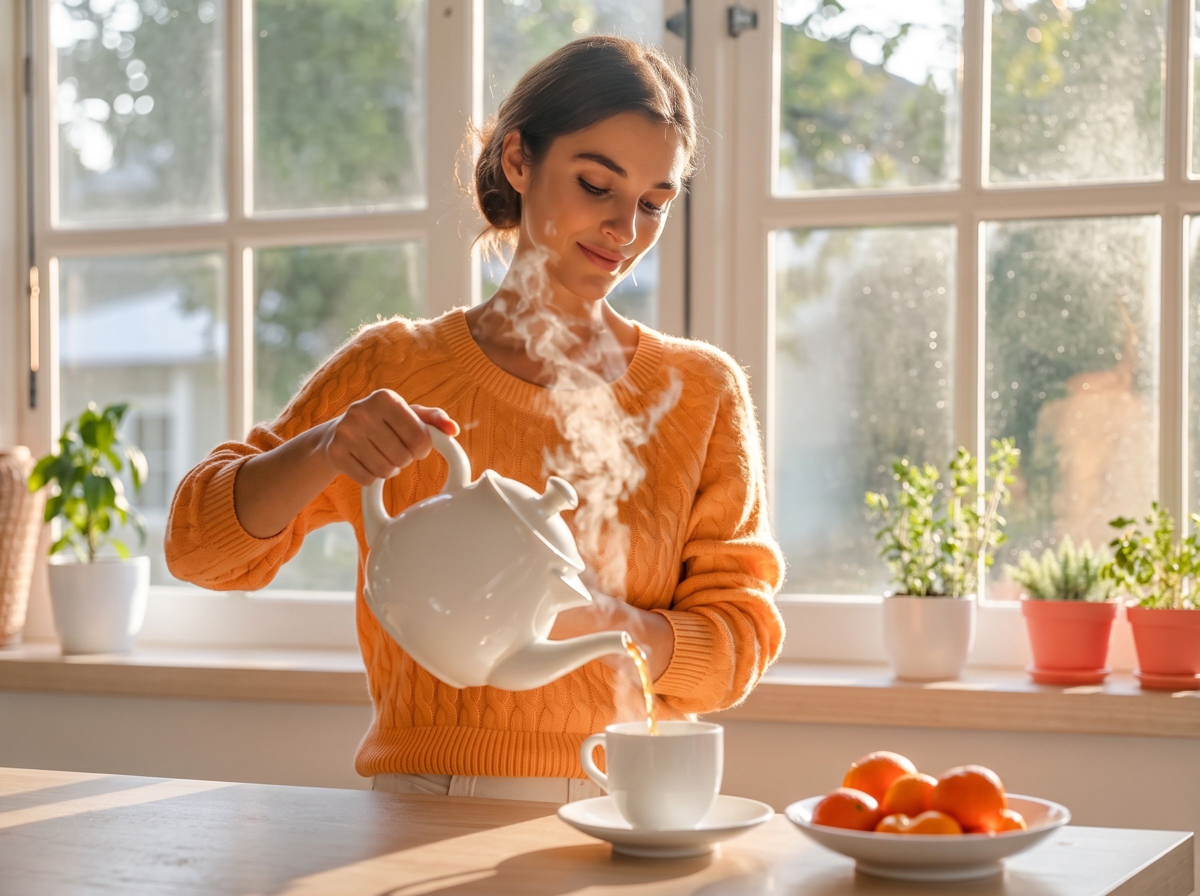 A woman pouring tea in a sunlit kitchen
